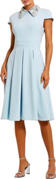 Mac Duggal Crepe Short Sleeve Midi Dress With Beading
