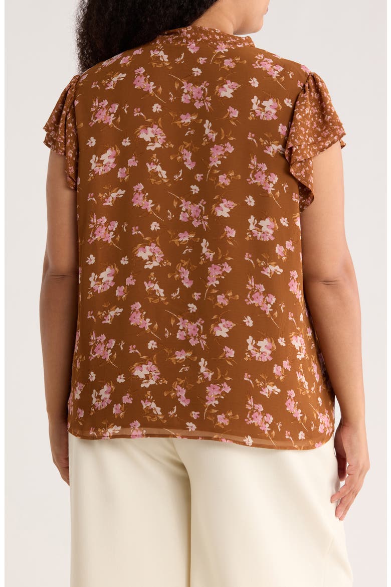 Floral Tie Neck Cap Sleeve Top, Alternate, color, ROOT BEER