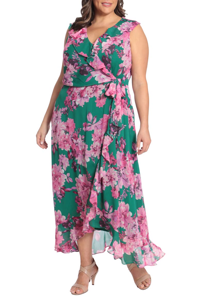 Chiffon Ruffle Dress, Alternate, color, GREEN/ PINK