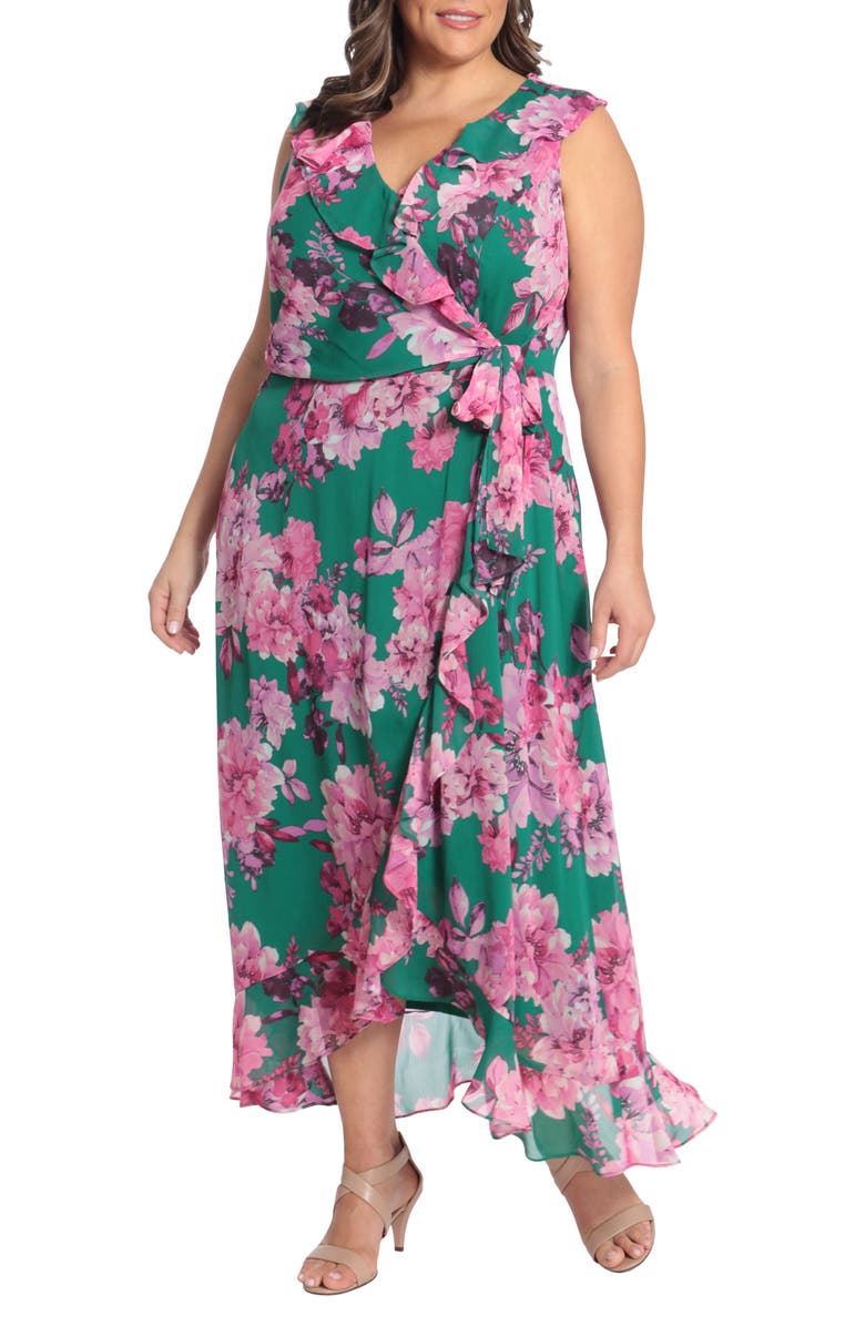 London Times Chiffon Ruffle Dress, Alternate, color, Green/ Pink