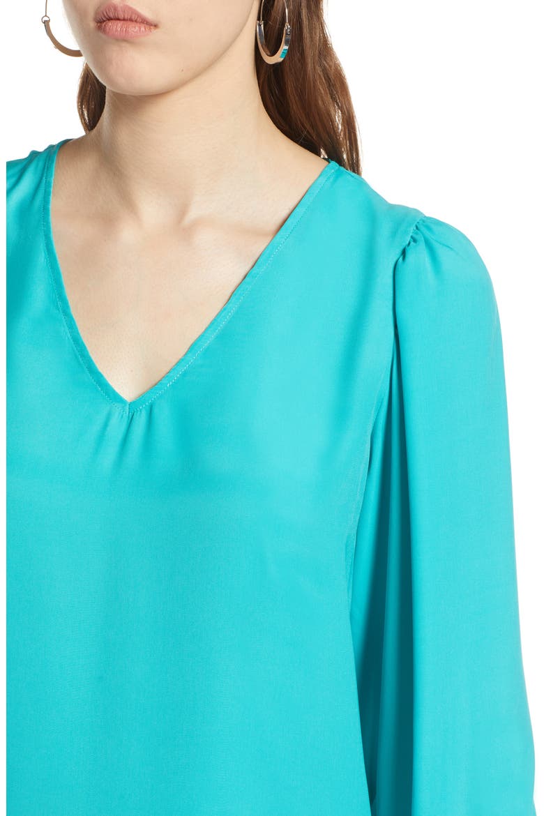 Blouson Sleeve Crepe Blouse, Alternate, color, TEAL VERIDIAN