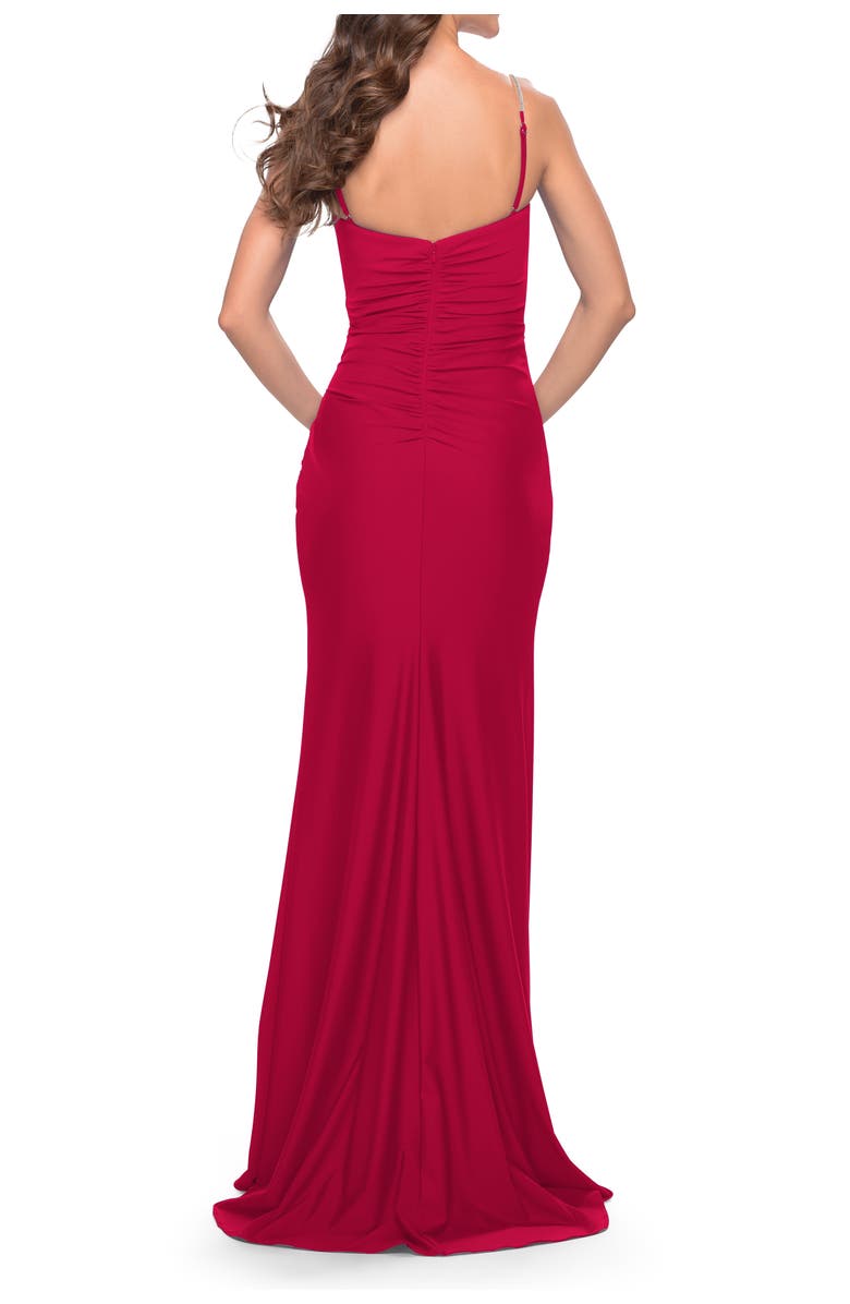 La Femme Long Ruched Jersey Gown with V-Neckline, Alternate, color, Red