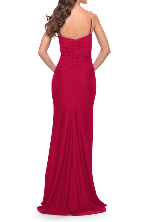 La Femme Long Ruched Jersey Gown With V-neckline