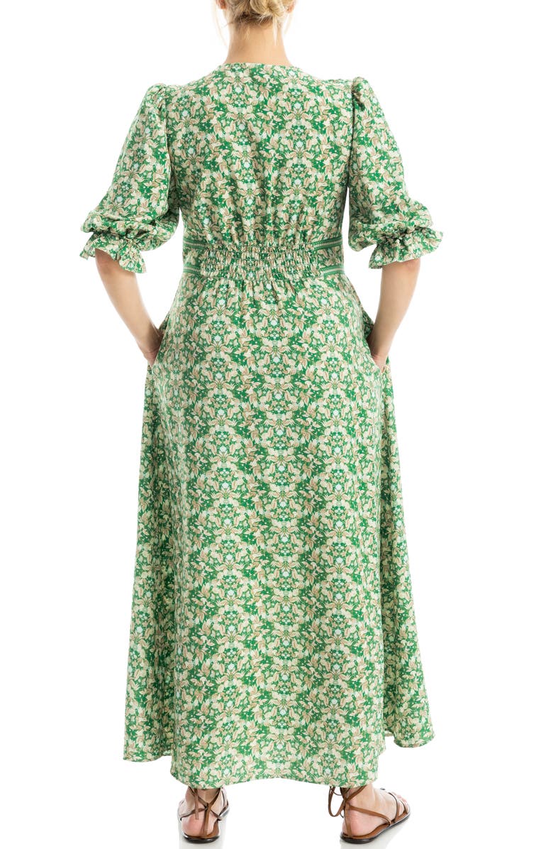 MAX STUDIO V-Neck Puff Sleeve Maxi Dress, Alternate, color, Green/ Pink