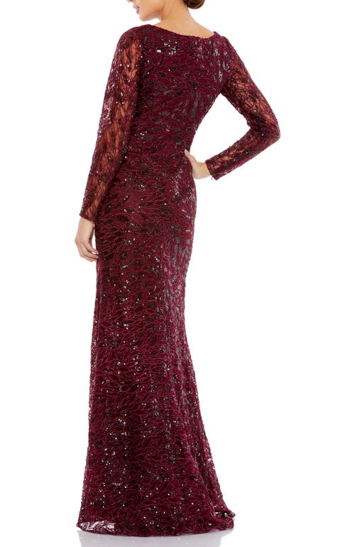 Mac Duggal Long Sleeve Ruched Sequined V-neck Gown In Burgundy