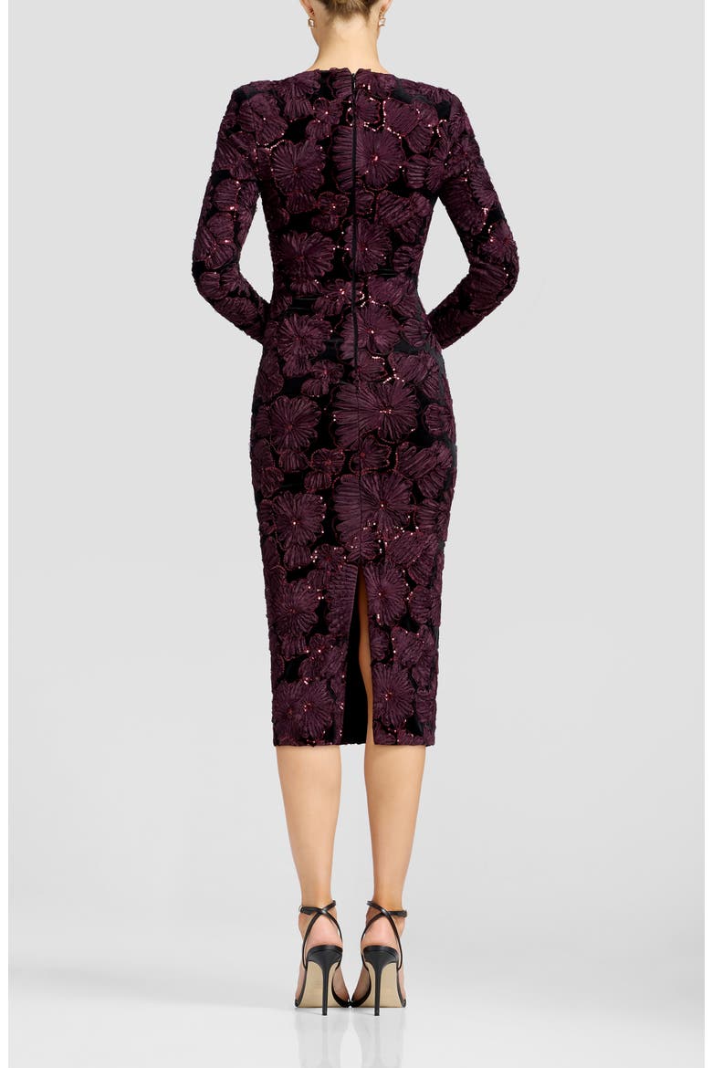 Emmalyn Sequin Appliqué Long Sleeve Cocktail Midi Dress, Alternate, color, BURGUNDY-BLACK