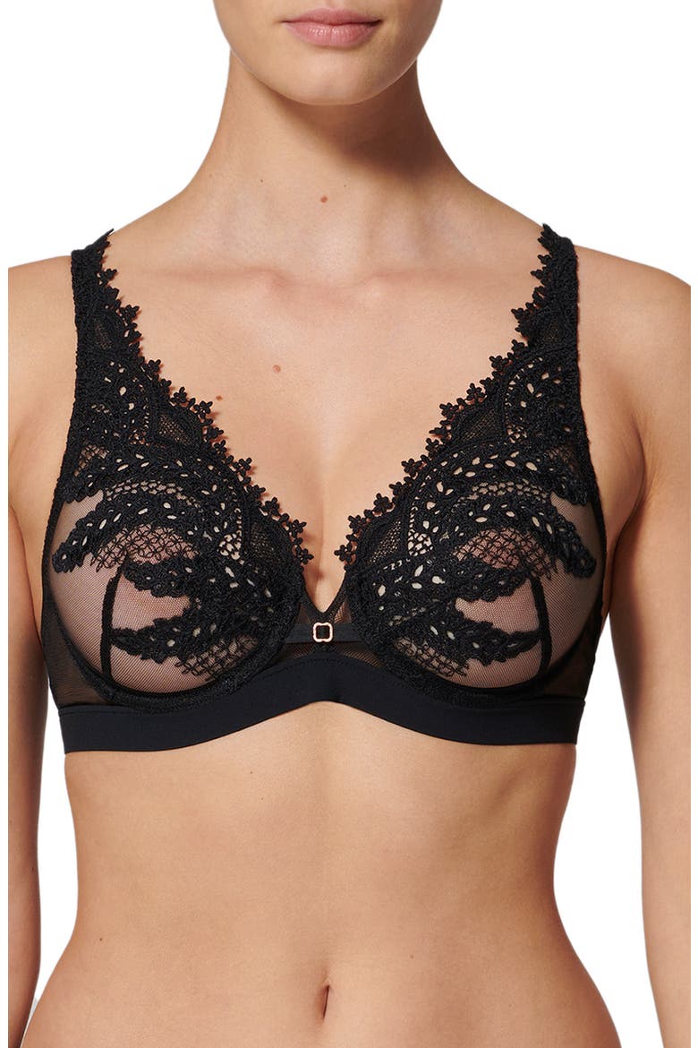 Mystic Underwire Embroidered Plunge Bra, Main, color, BLACK