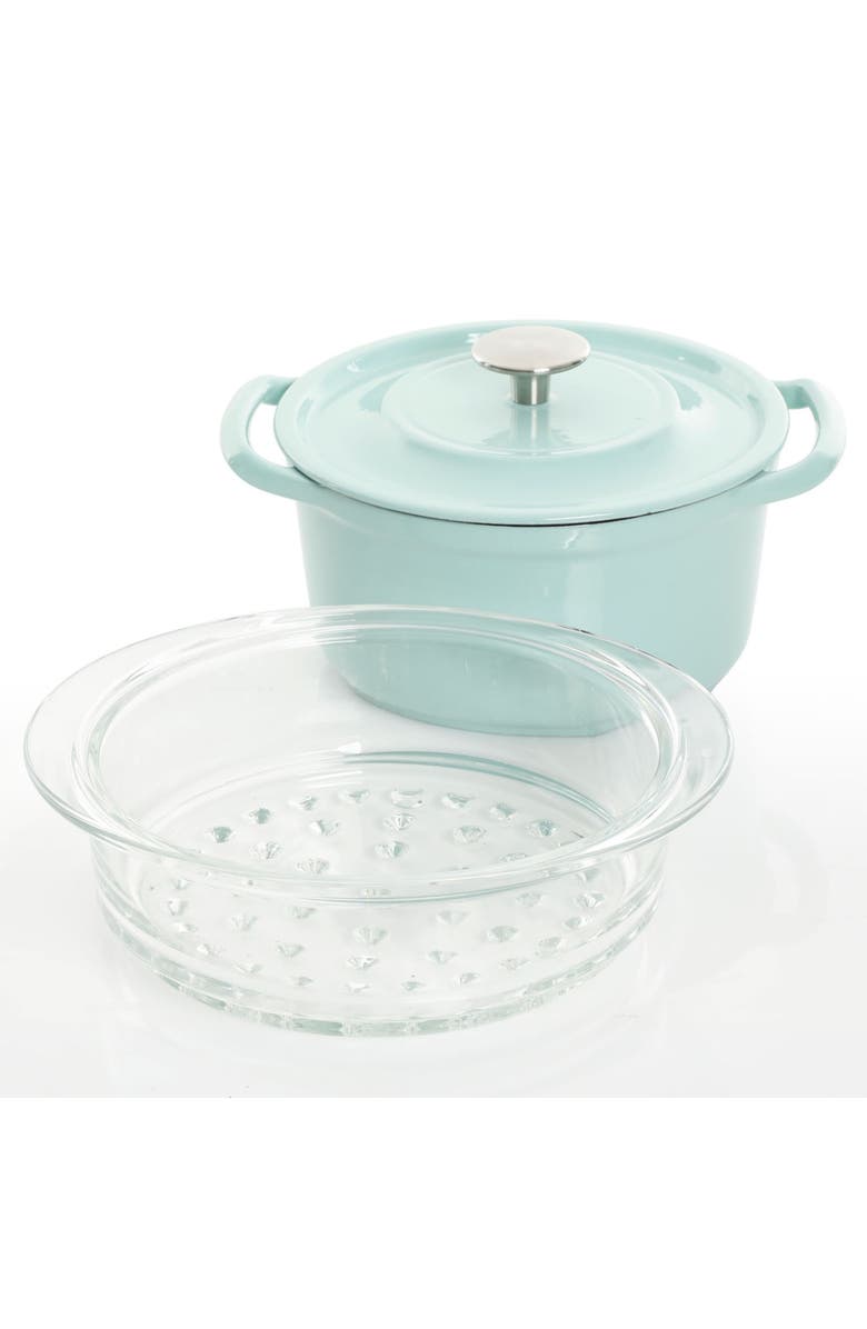 Kenmore Elite Oak Park 3 Quart Enameled Cast Iron Casserole with Lid and Glass Steamer, Alternate, color, Blue