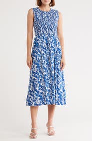Calvin Klein Floral Smocked Bodice Midi Dress