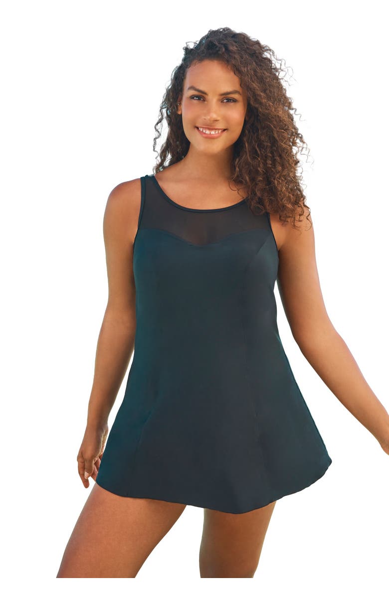 Swim 365 Mesh-Trim Swim Dress, Main, color, Black