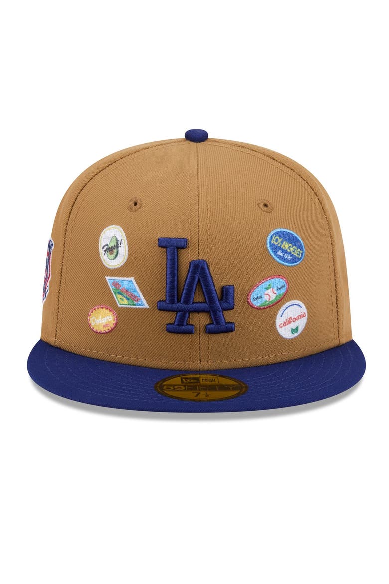 Men's New Era Tan Los Angeles Dodgers Fruit Sticker 59FIFTY Fitted Hat, Alternate, color, Tan