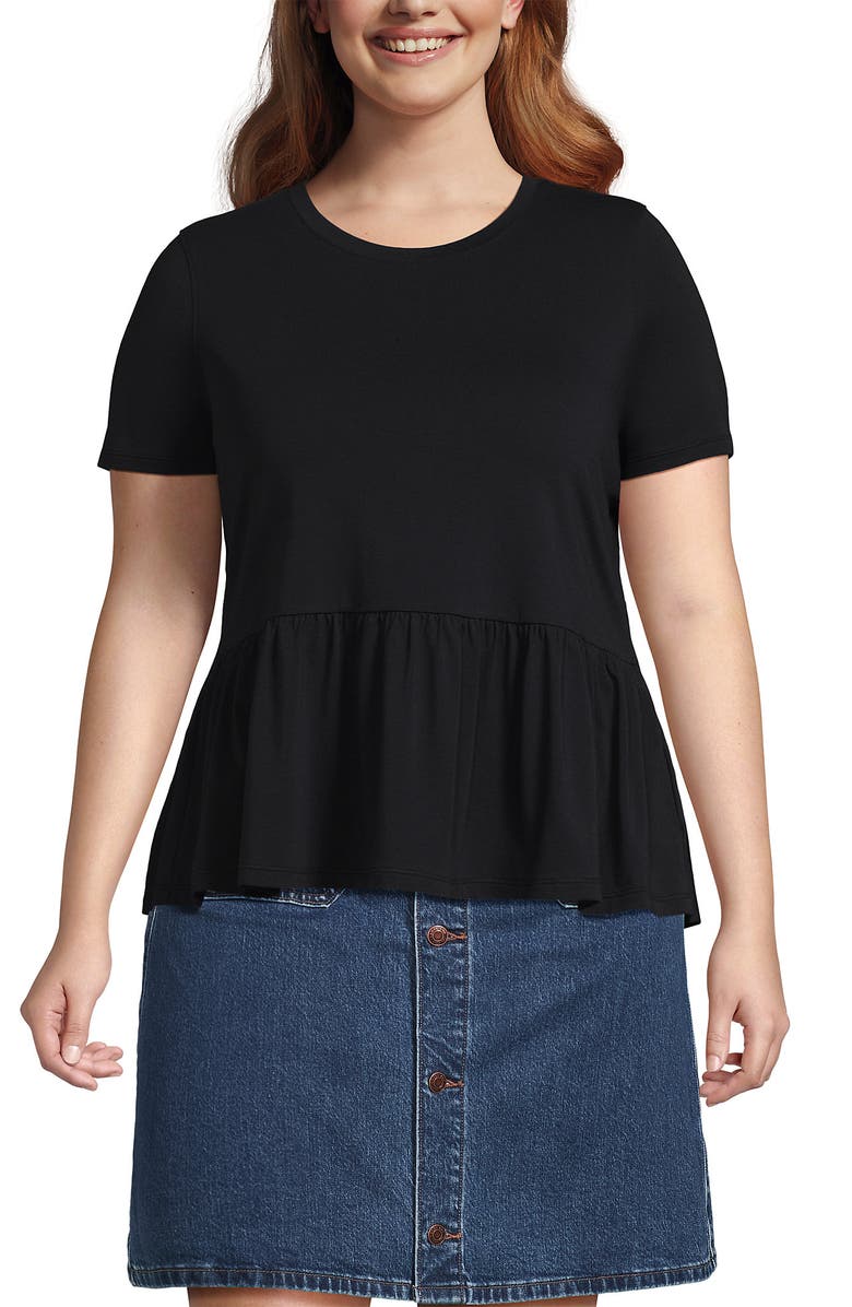 Lands' End Short Sleeve Lightweight Jersey Crew Neck Peplum Tee, Main, color, Black