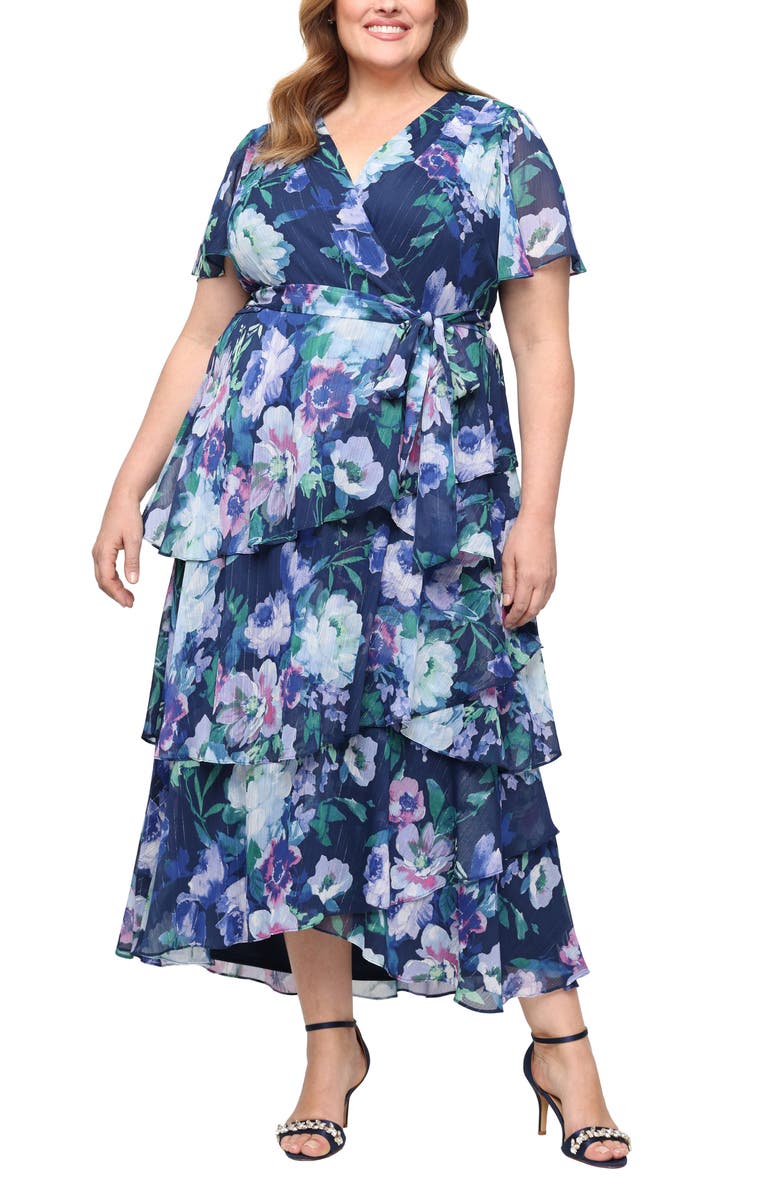 SL FASHIONS Floral Chiffon Dress, Main, color, Blue/ Multi