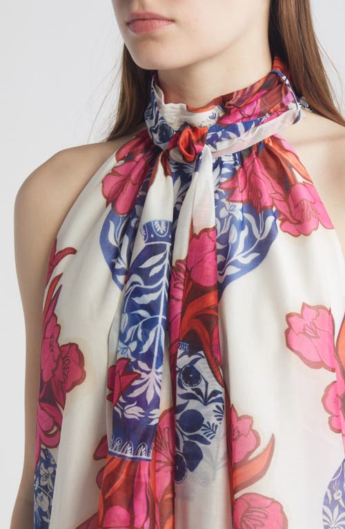 Ted Baker Akaki Organza Printed Tie Neck Top In Ivory