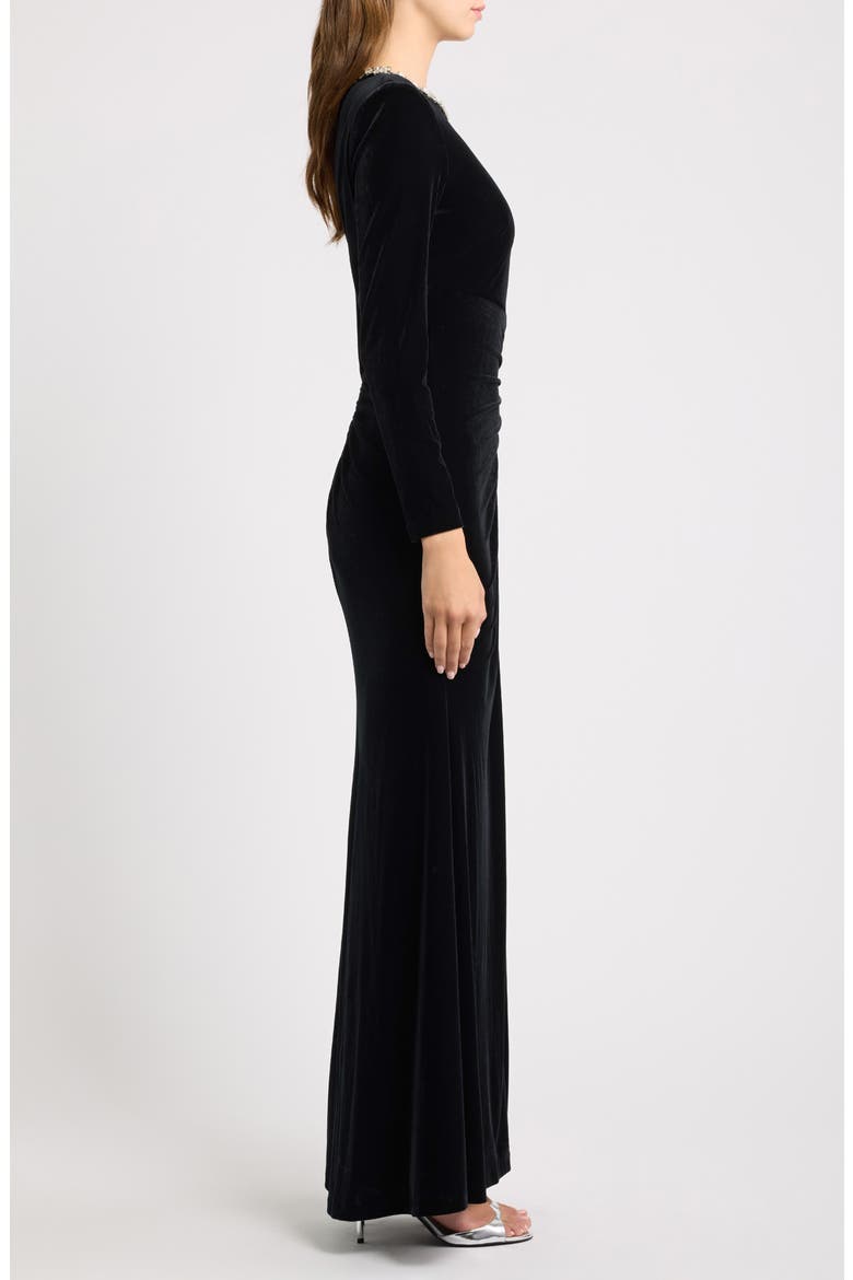 Rhinestone Detail Long Sleeve Velvet Gown, Alternate, color, BLACK