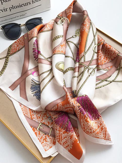 Silksilky 100% Mulberry Silk Printed Square Shawl Scarf In Orange