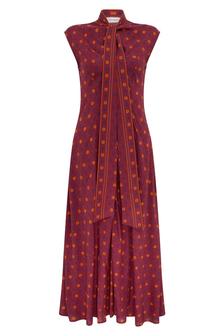 Madras Floral Print Tie Neck Midi Dress, Alternate, color, BORDEAUX/ VIOLET/ MANDARIN