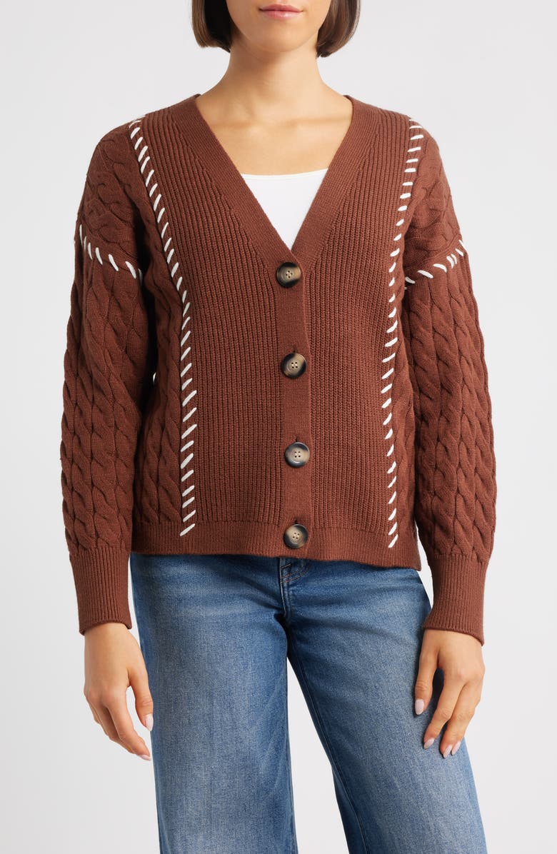 CITY BLUES Whipstitch Cable Cardigan, Alternate, color, Brown