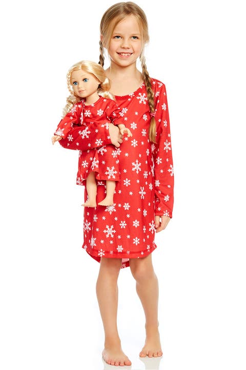 Girls Long Sleeve Nightgown with Matching Doll Nightgown, Printed Design