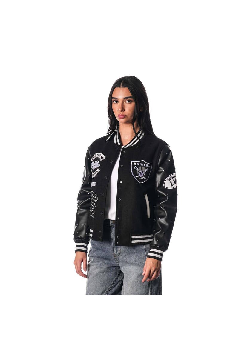 THE WILD COLLECTIVE Women's The Wild Collective Black Las Vegas Raiders Varsity Full-Snap Sparkle Jacket, Main, color, 