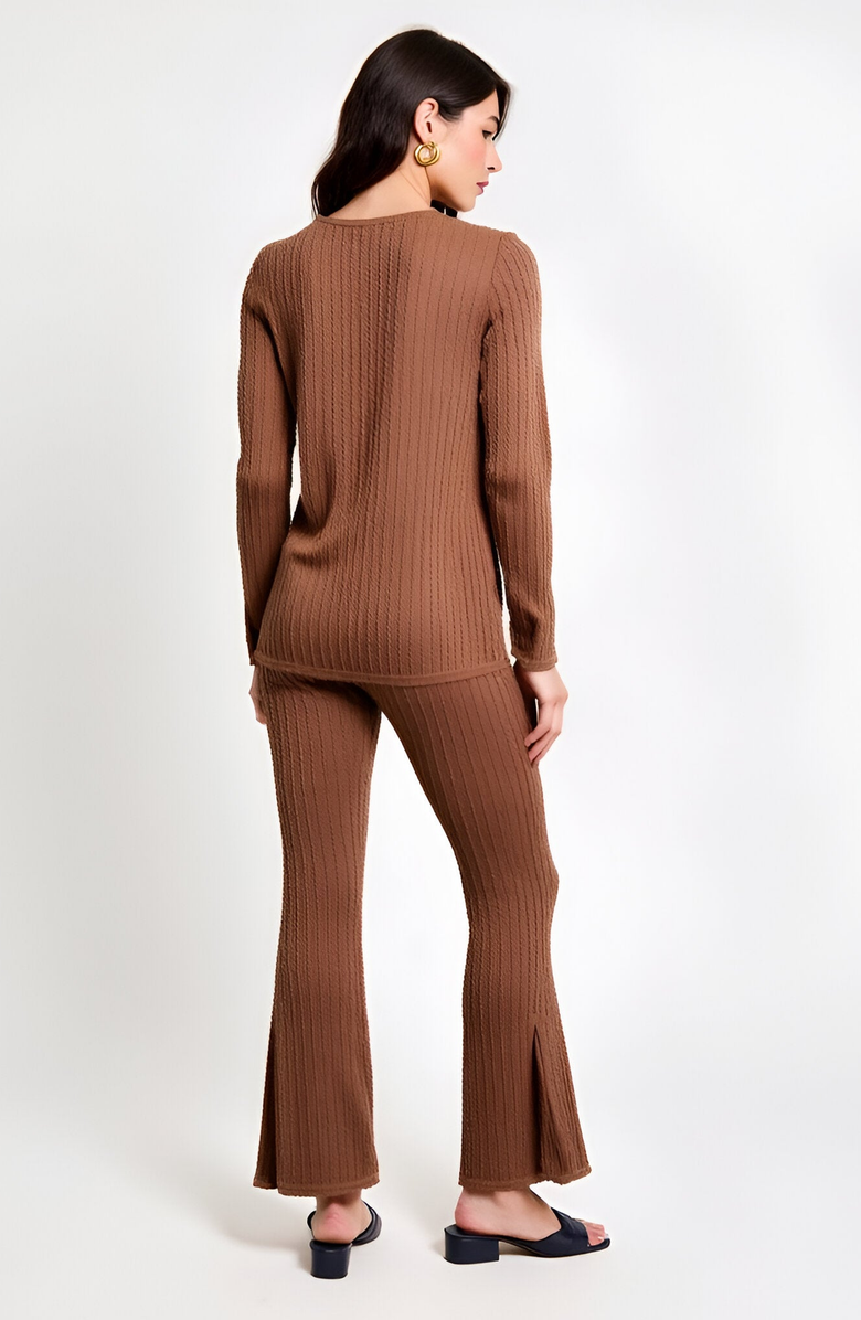 Modenaire Ribbed Knit Long Sleeve Top and Flared Pants Lounge Set with Side Slit Detail, Alternate, color, Brown
