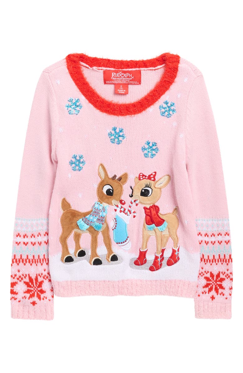 RUDOLPH THE RED-NOSED REINDEER Kids' Clarice Christmas Rudolph Sweater, Main, color, Pink