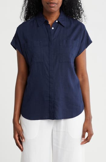 CASLON CASLON® DOUBLE POCKET LINEN BLEND CAMP SHIRT