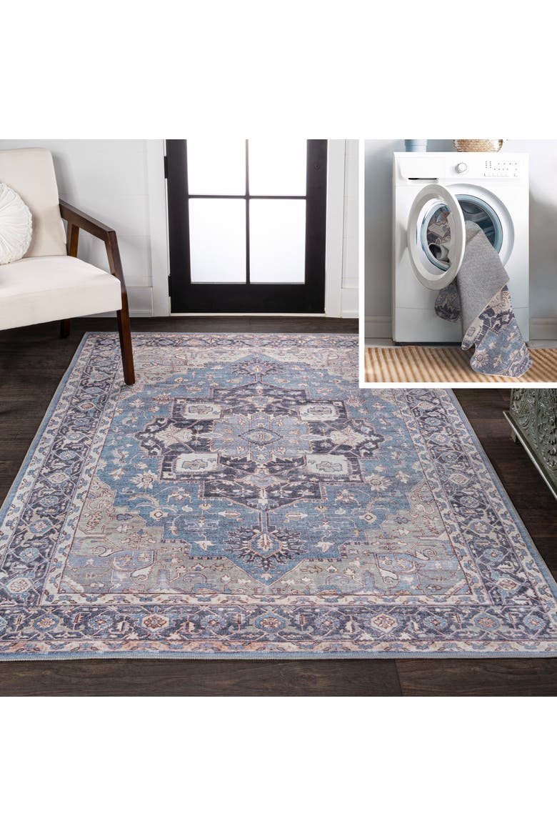 Maris Ornate Medallion Machine-Washable Area Rug, Main, color, Blue/Cream