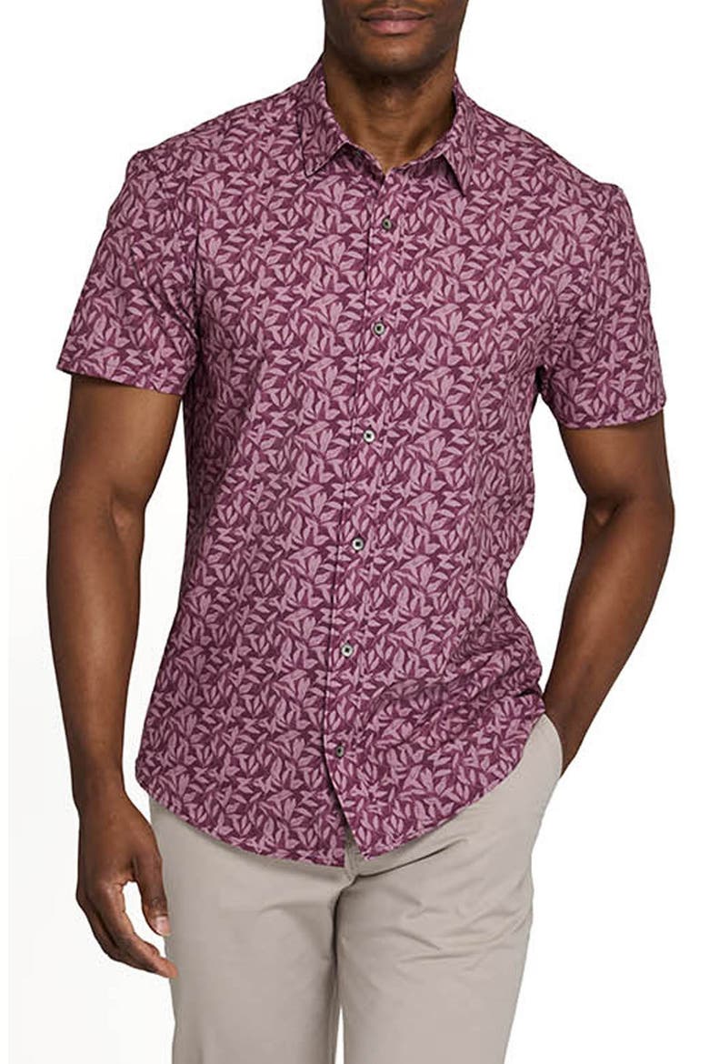 Leaf Print Performance Short Sleeve Button-Up Shirt, Main, color, MAROON