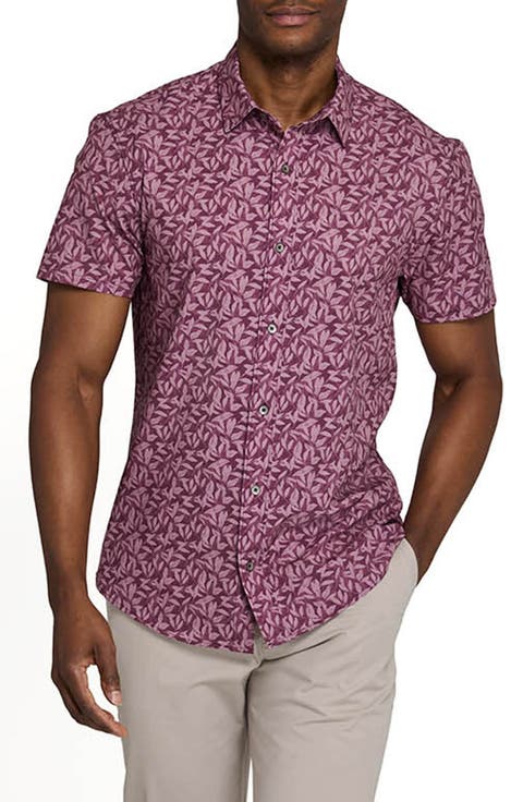 Leaf Print Performance Short Sleeve Button-Up Shirt