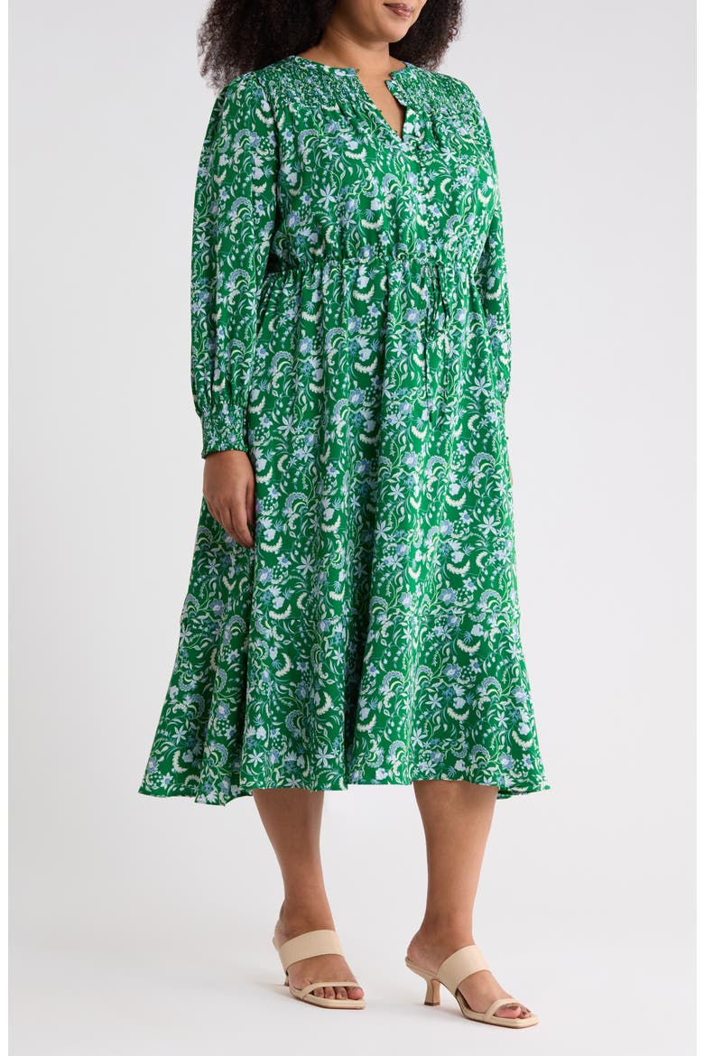 Cabana Floral Keila Long Sleeve Smocked Yoke Midi Dress, Alternate, color, GREEN-BLUE