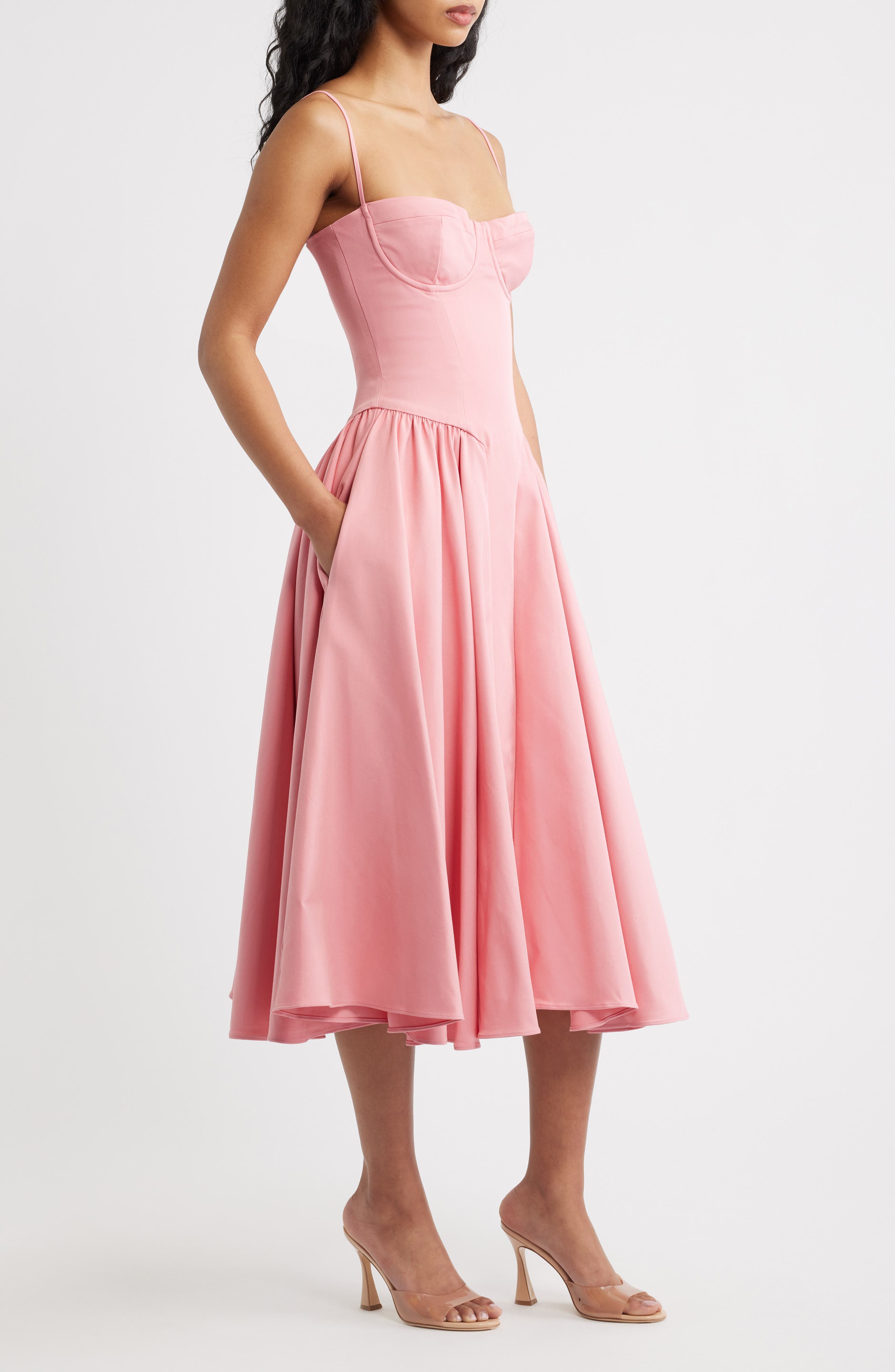 chocolate brown polka dot dress Cascading Ruffle Midi Atria Signature Colors:Chocolate Fabrication:Satin Blue Suit & Pink Chocolate polka dot maxi