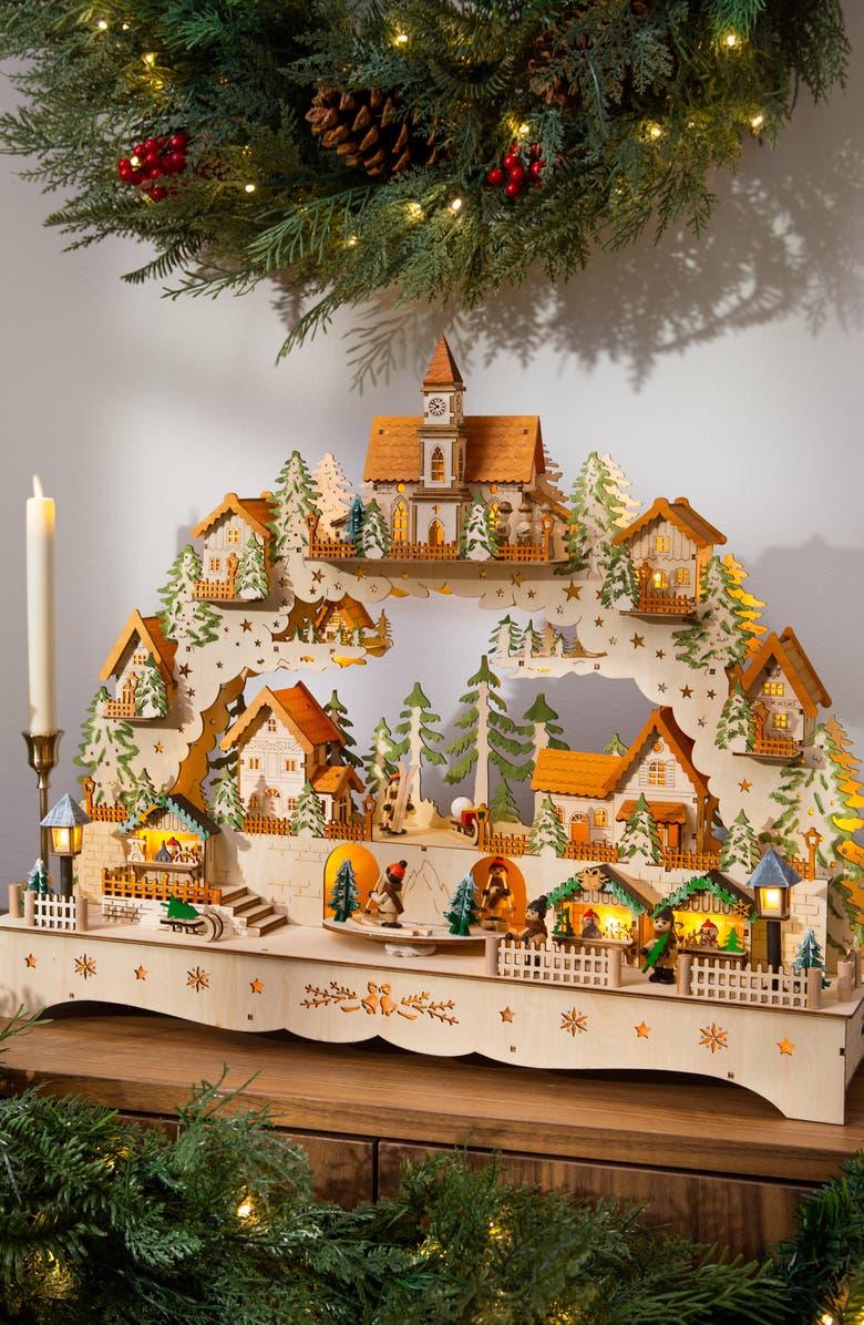 Balsam Hill Lit Wooden Animated Swiss Alps Village, Alternate, color, Natural