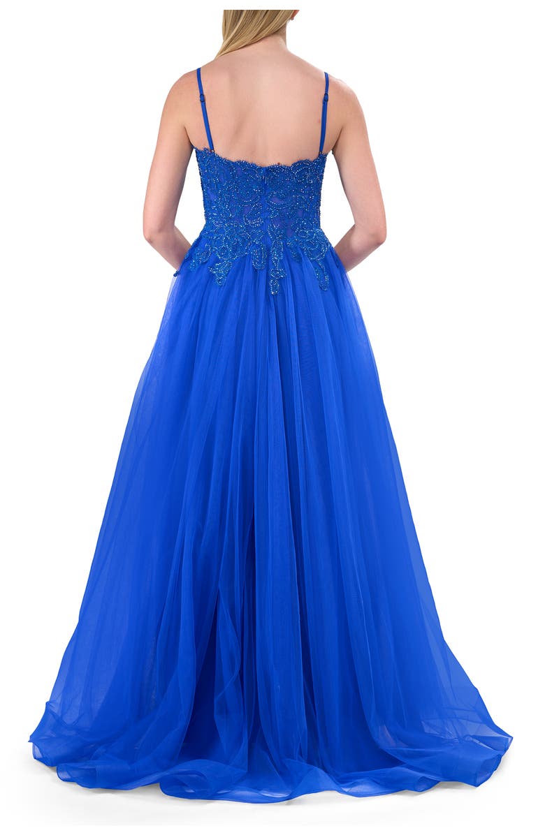 La Femme Lace and Tulle A-line Prom Dress with High Slit, Alternate, color, Royal Blue