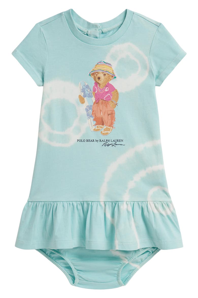 Tie Dye Polo Bear Cotton Dress & Bloomers Set, Main, color, PARAKEET TIE DYE