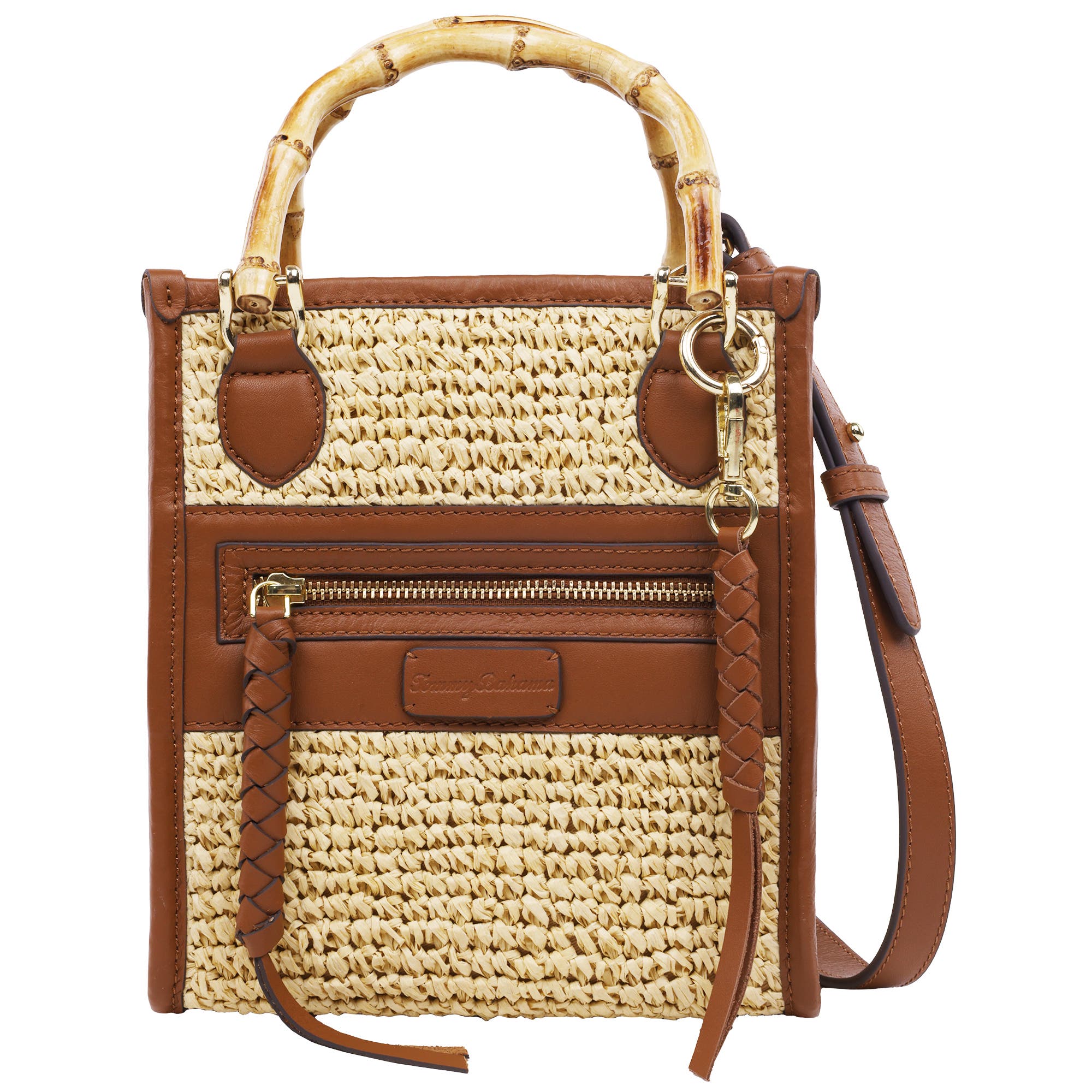 Tommy Bahama Leather and Raffia Handle Tote, Main, color, Cognac