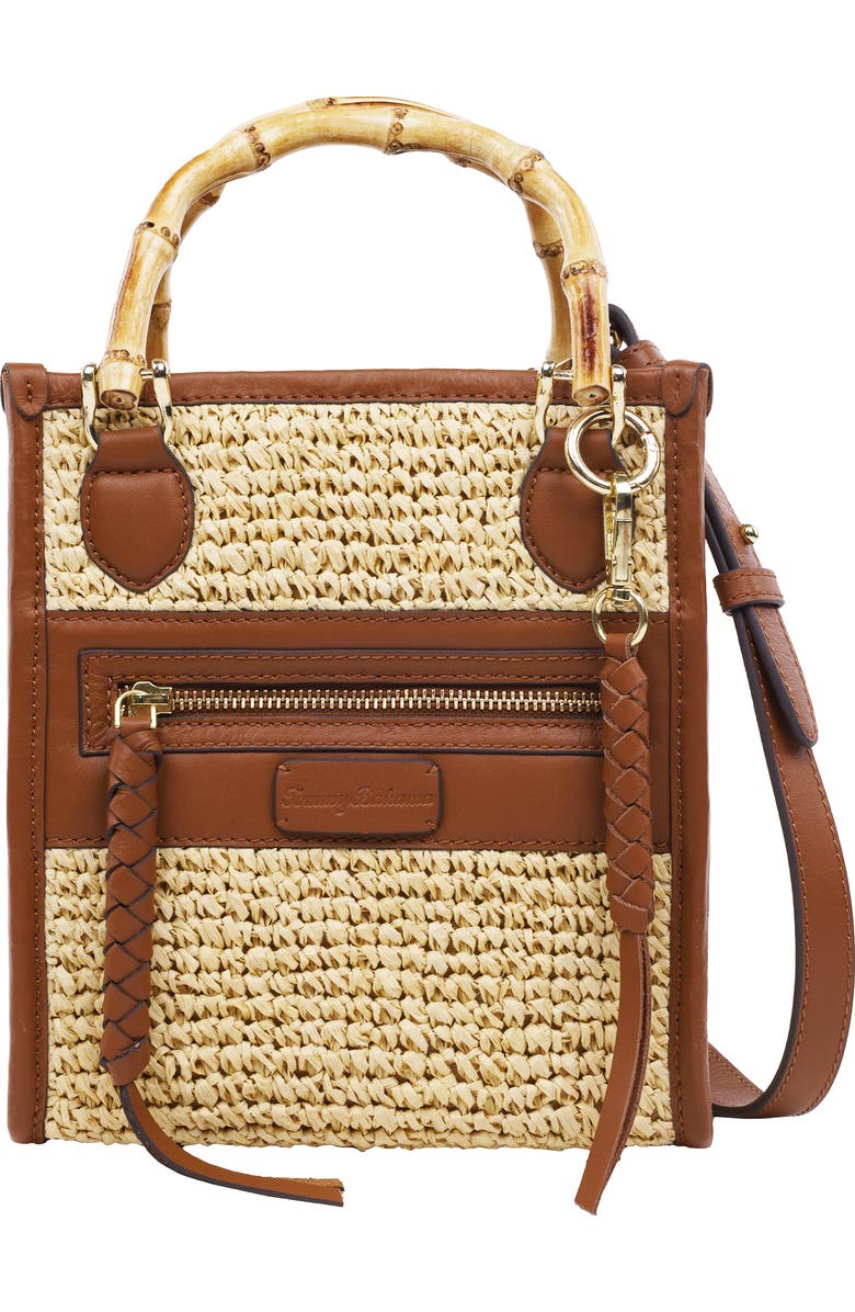 Tommy Bahama Leather and Raffia Handle Tote, Main, color, Cognac