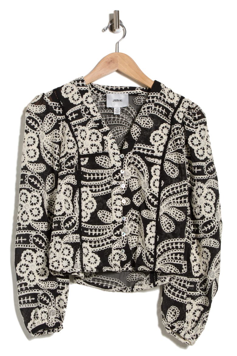 Embroidered Buttoned Shirt, Alternate, color, BLACK/ IVORY