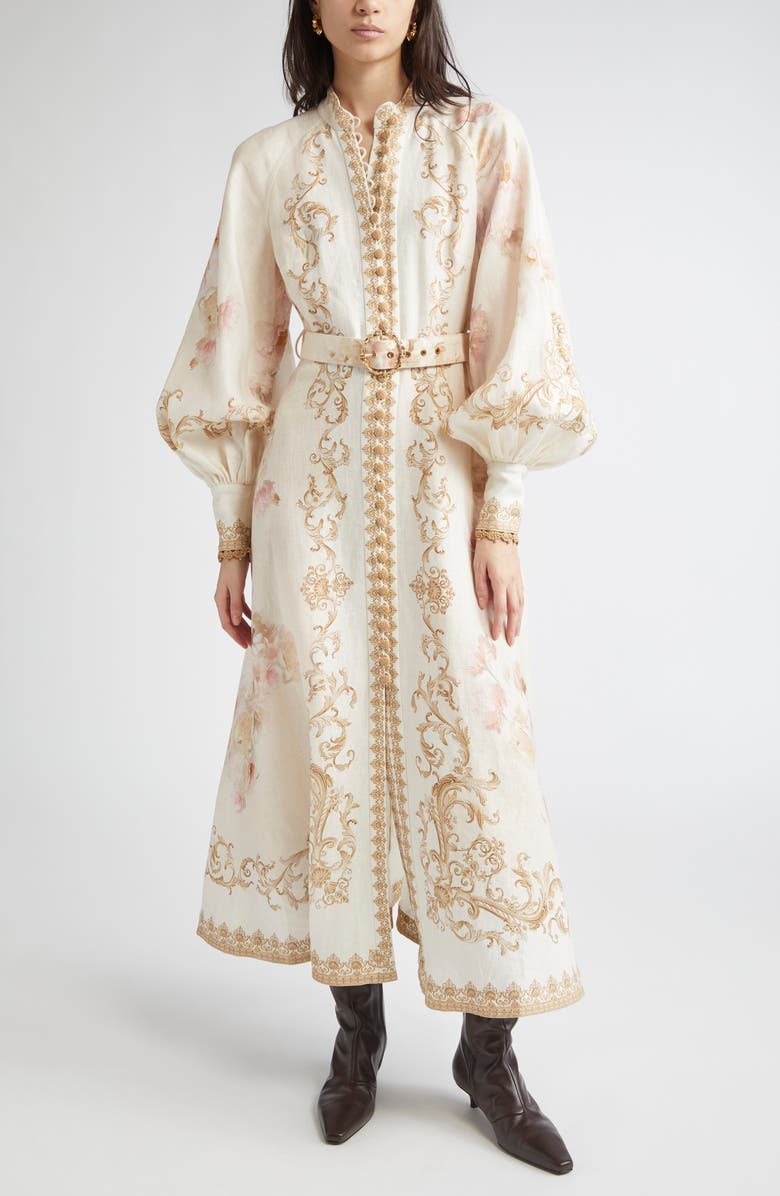 Zimmermann Hypnotic Long Sleeve Belted Linen Maxi dress, Main, color, Cream Peony