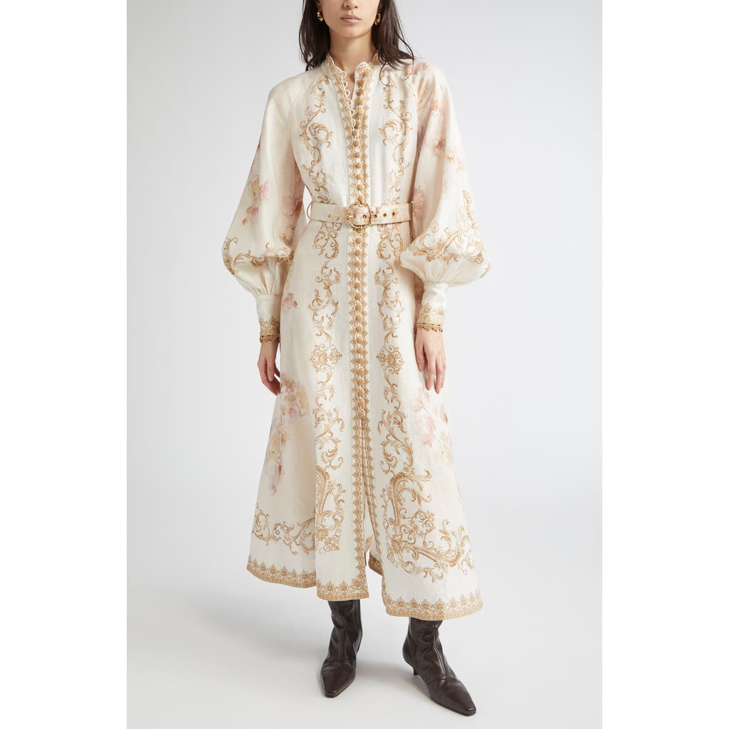 Zimmermann Womens Cream Peony Printed Silk-belt Buttoned Linen Midi Dress Xxs In Neutral