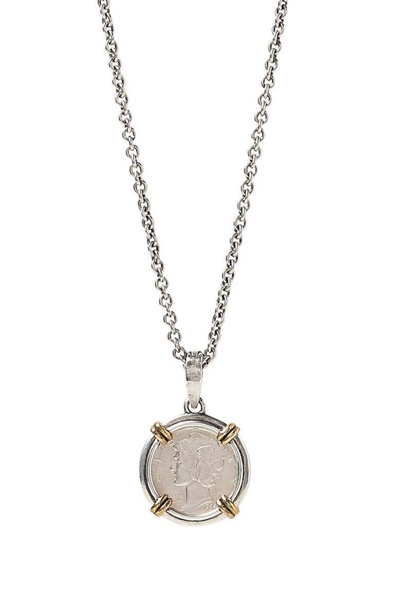 John Varvatos Mercury Coin Necklace, Main, color, Brass Silver