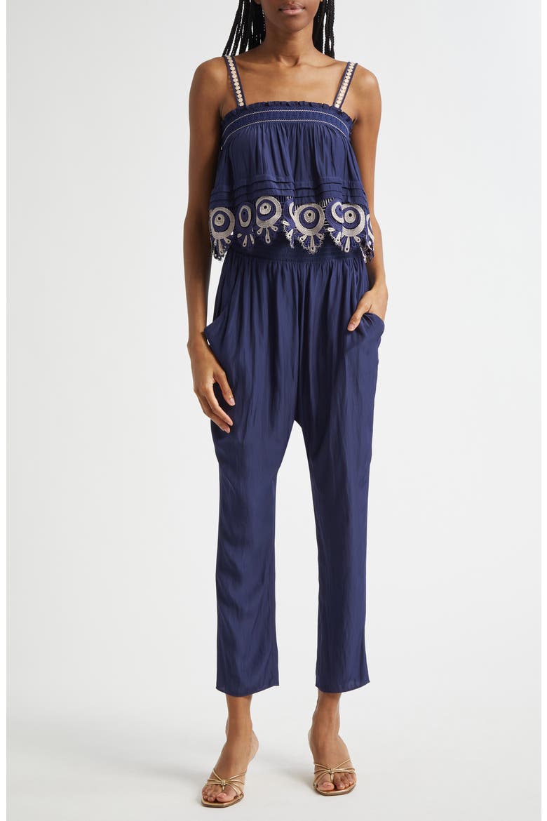 Monica Smocked Waist Sleeveless Jumpsuit, Main, color, SPRING NAVY