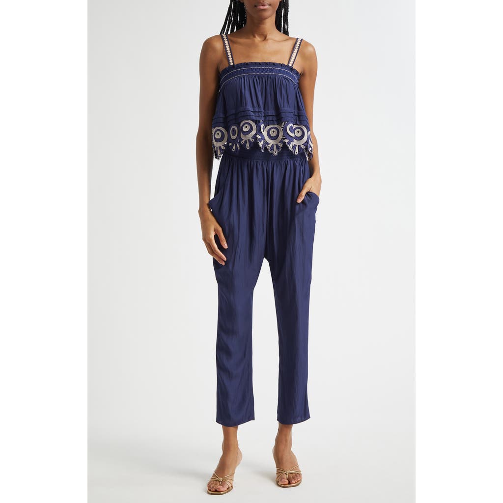 Ramy Brook Monica Smocked Waist Sleeveless Jumpsuit In Spring Navy