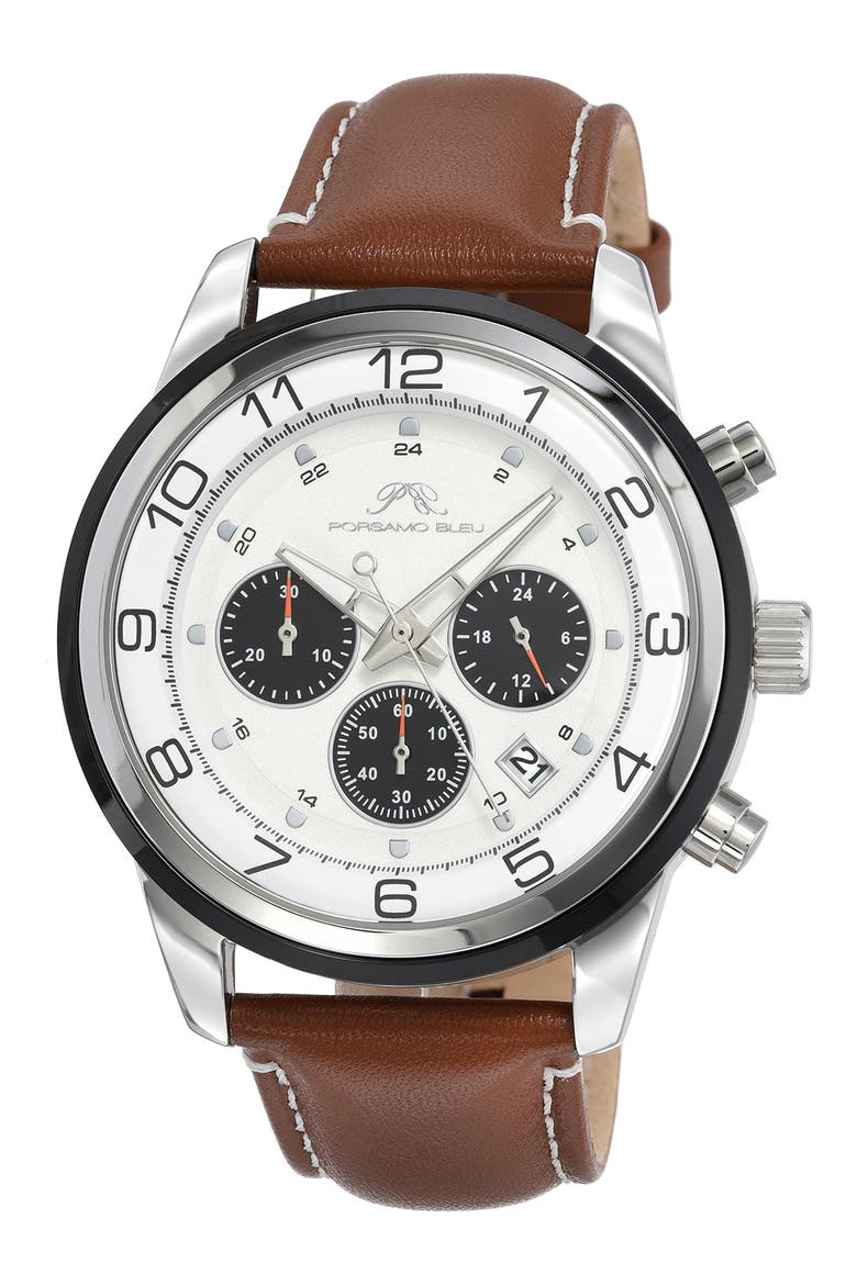 Men's Arthur Chronograph Leather Strap Watch, 44mm, Main, color, SILVER/BROWN