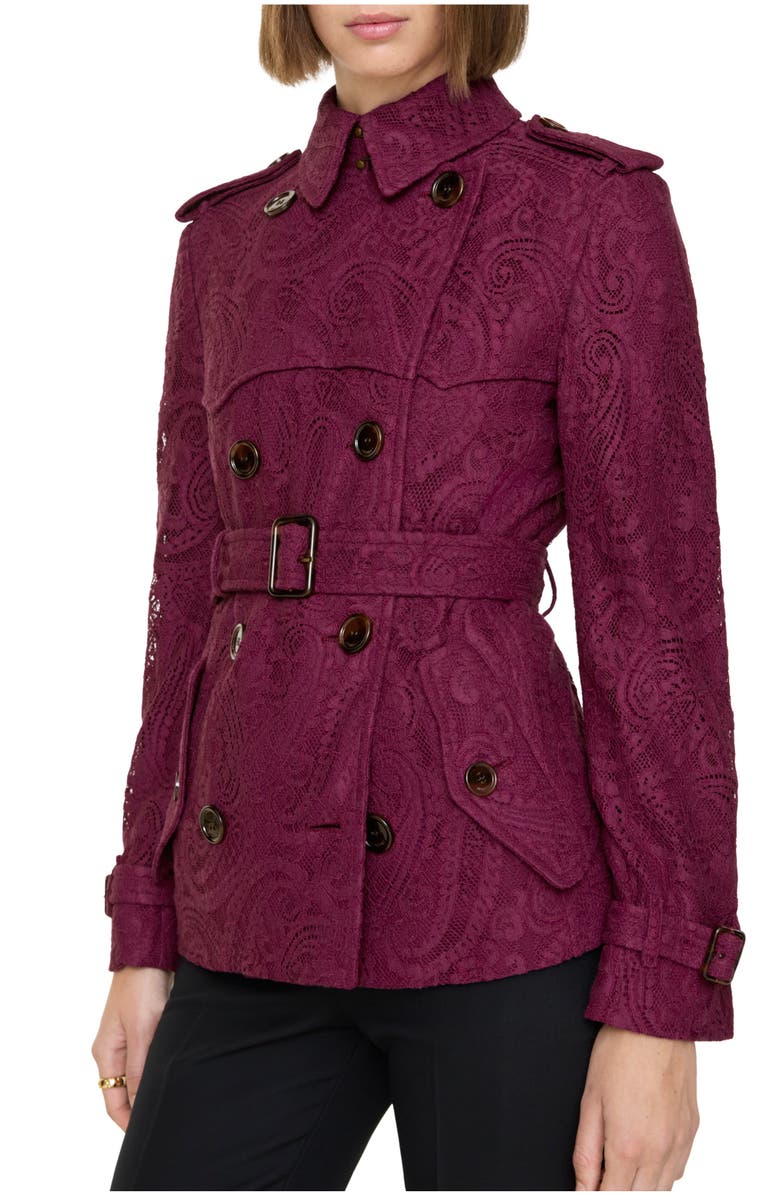 Burberry Short Paisley Lace Foxfield Trench Coat, Main, color, Allium Purple