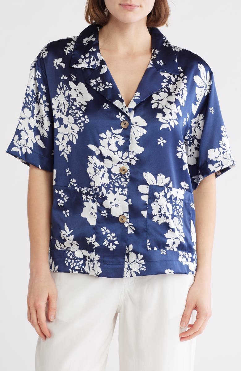 Elan Short Sleeve Satin Camp Shirt, Main, color, Navy Capri Print
