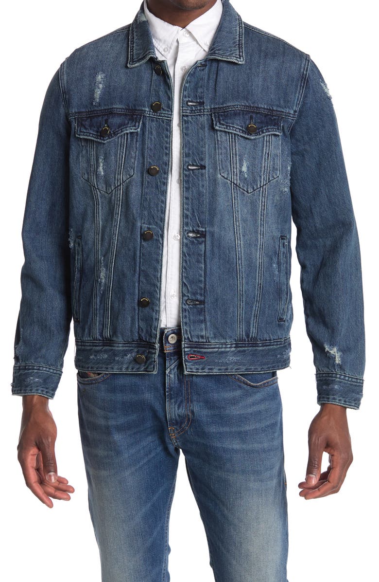 BLANKNYC Distressed Denim Trucker Jacket, Main, color, 