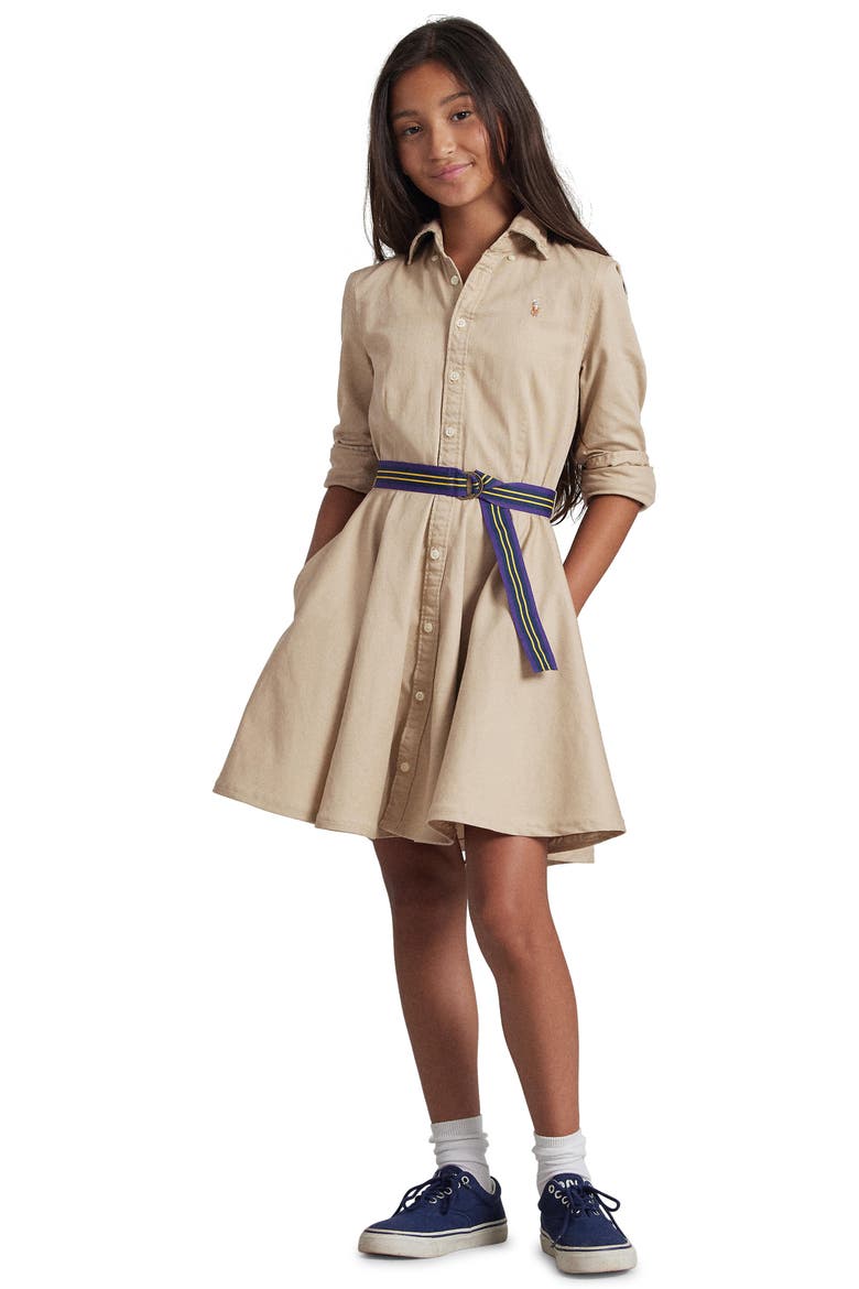 Kids' Long Sleeve Belted Cotton Shirtdress, Alternate, color, CLASSIC KHAKI