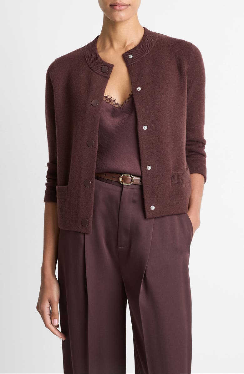 Vince Shrunken Wool & Cashmere Snap Cardigan, Main, color, Fig