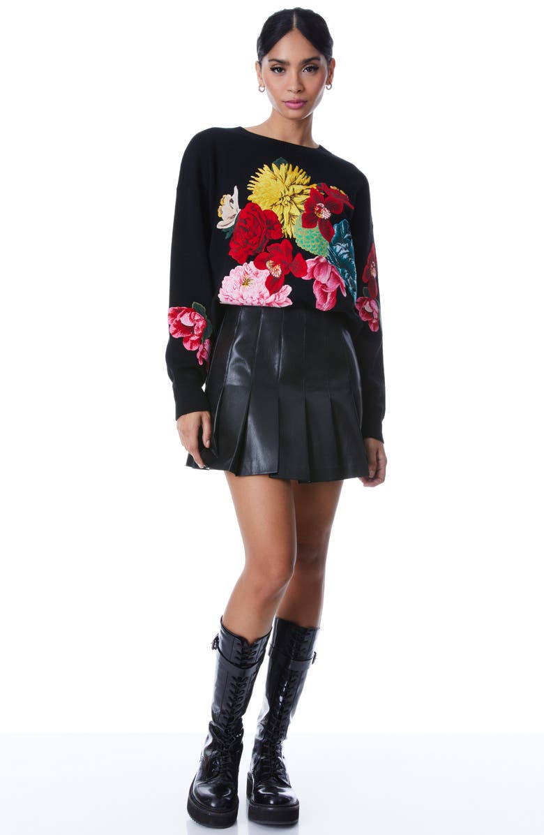 Alice + Olivia Belva Floral Jacquard Stretch Wool Crewneck Sweater, Alternate, color,